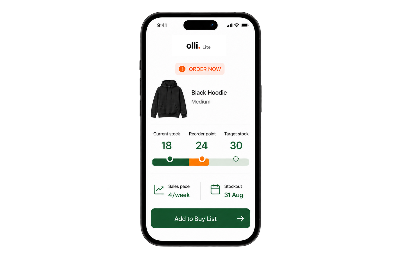 Olli Lite showing a hoodie reorder alert with stock, sales pace, and stockout date